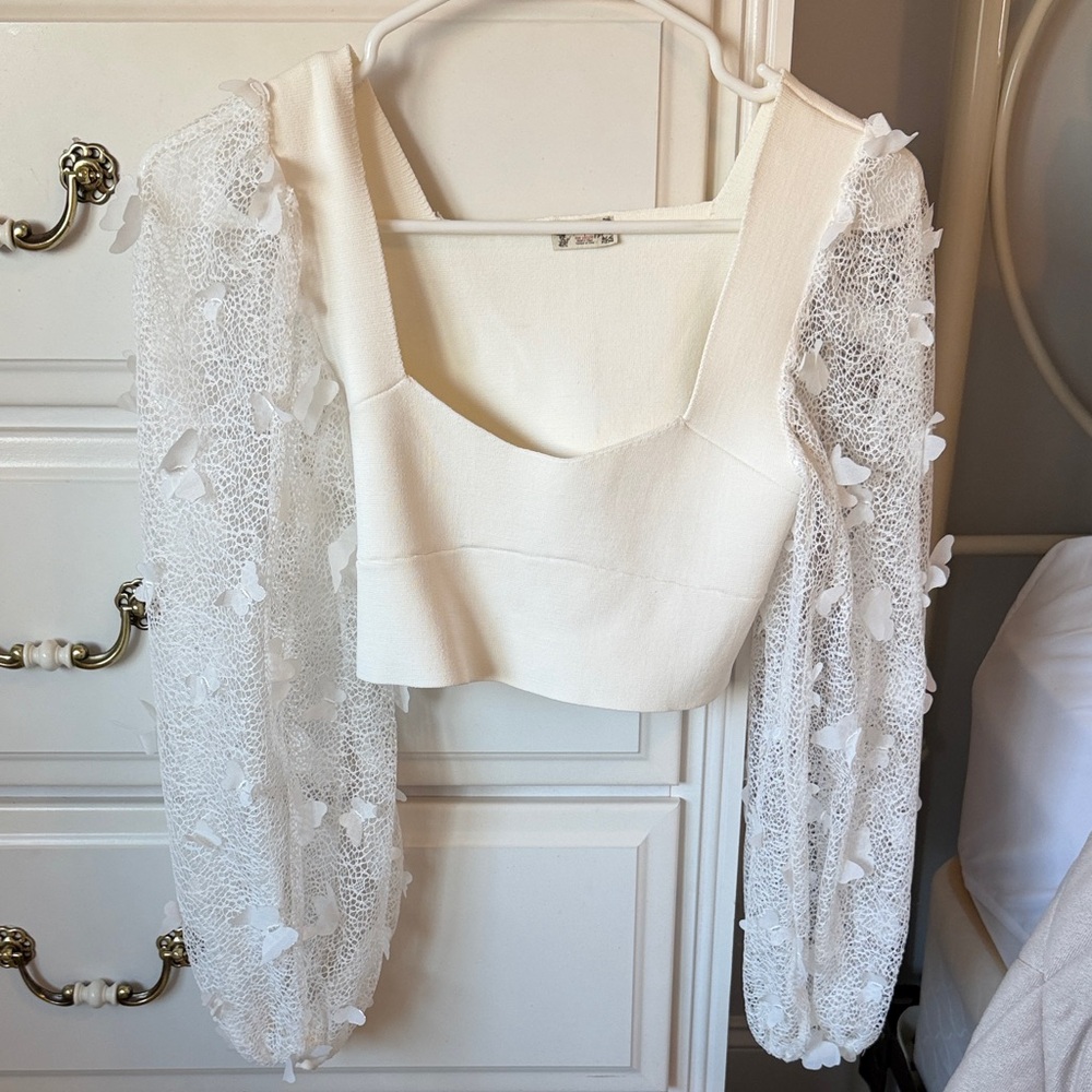 Free People Cream Lace Sleeve Top
